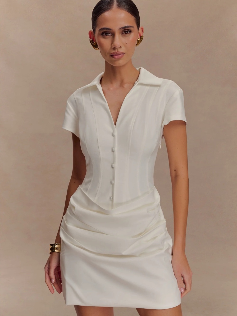 Meshki White Tailored Mini Dress with V-Neck Collar